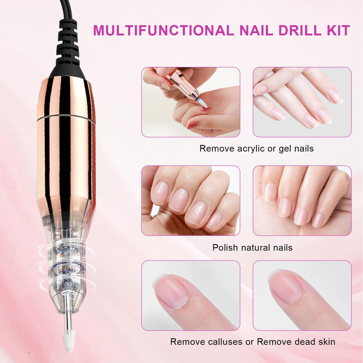 Professional Cordless Nail Drill Kit, 40,000 RPM, 12 Bits, USB-C Rechargeable