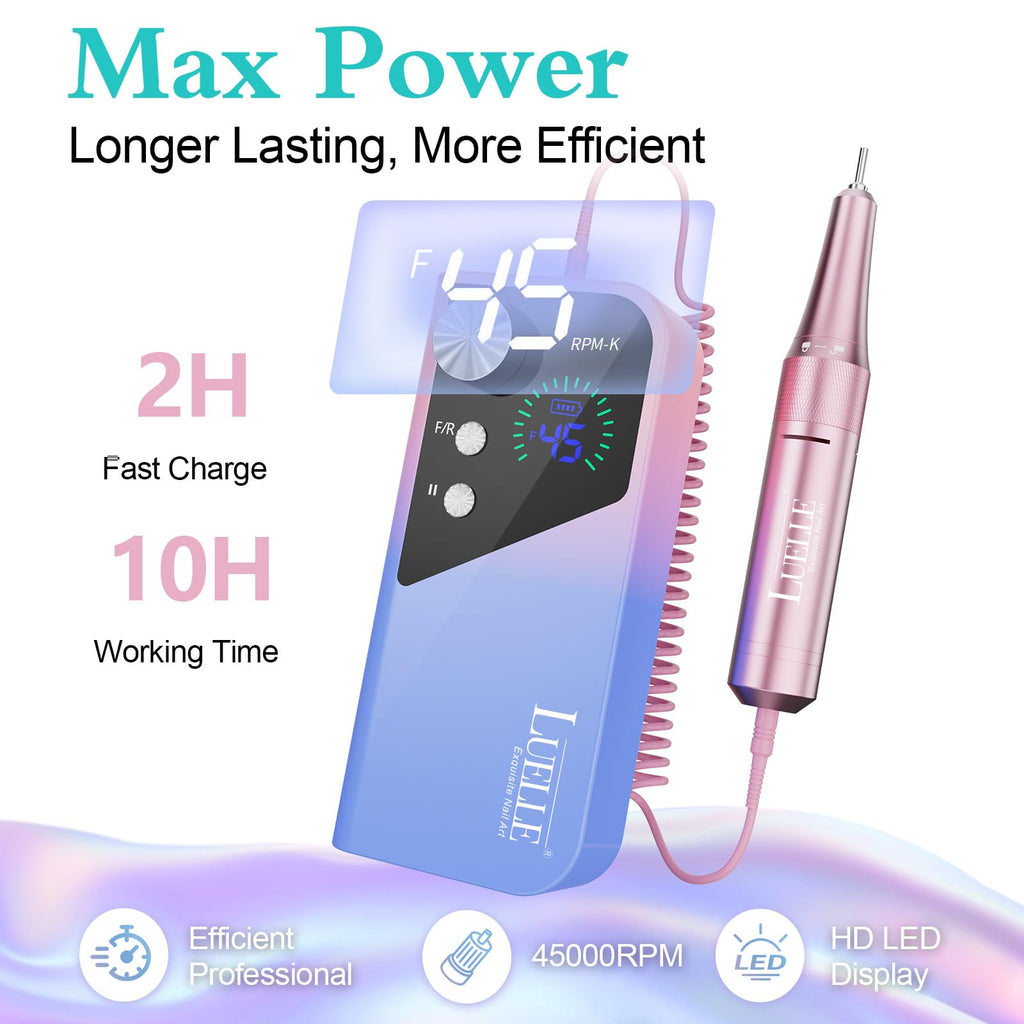 LUELLE Electric Nail Drill File 45000 RPM Rechargeable Cordless Kit