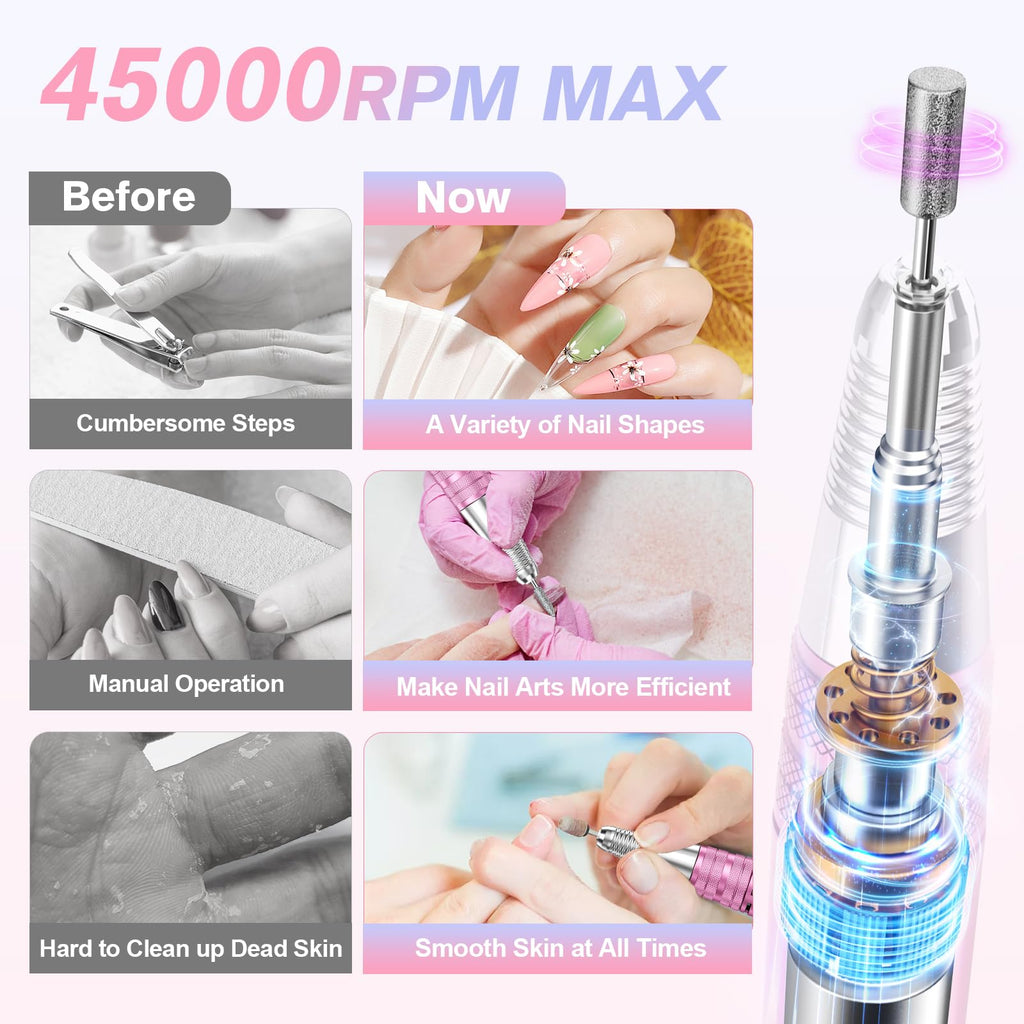 Beloving Portable Rechargeable Nail Drill, 45000 RPM Electric File Kit