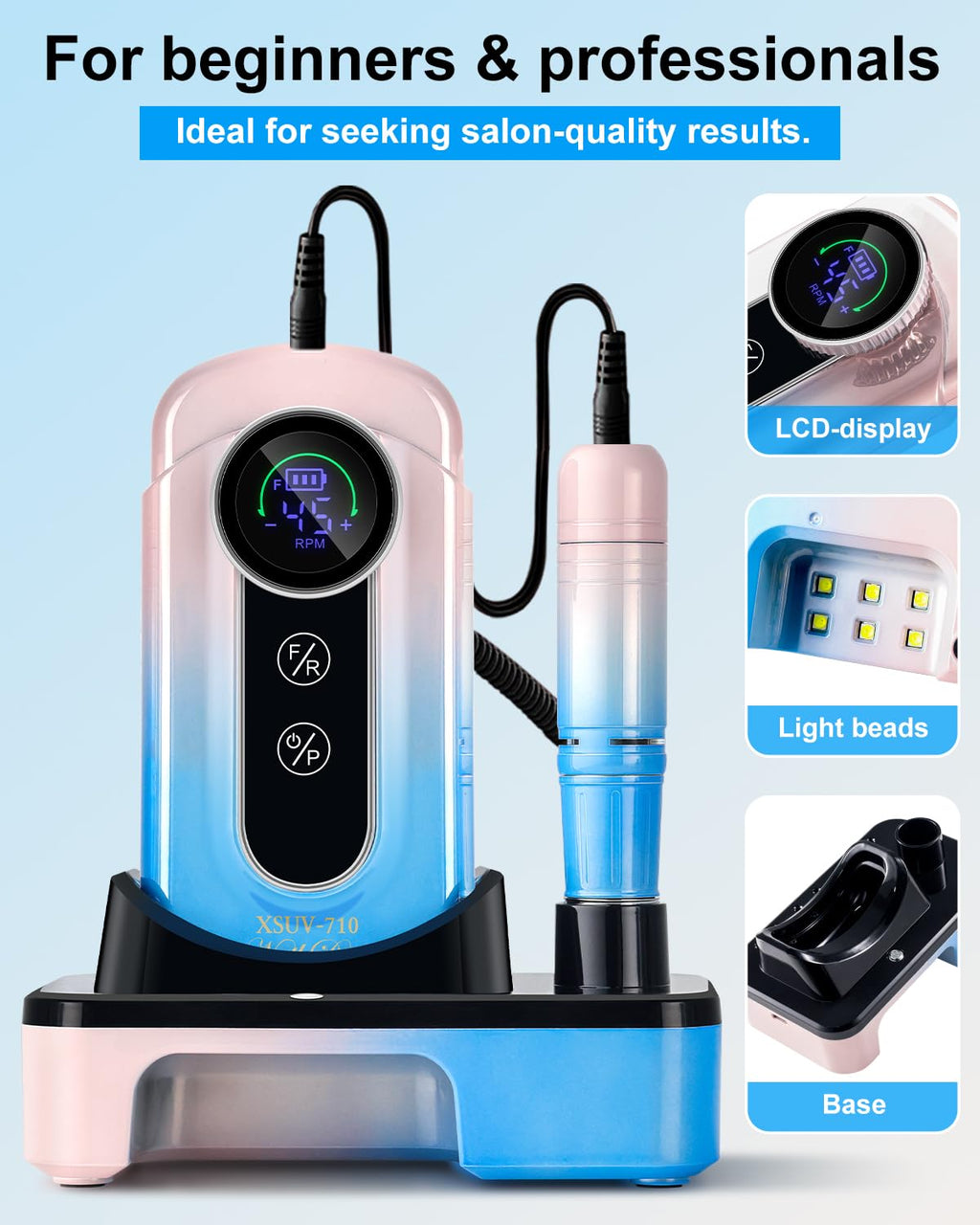 Electric Nail Drill Kit with UV LED Lamp, Cordless Rechargeable E-File