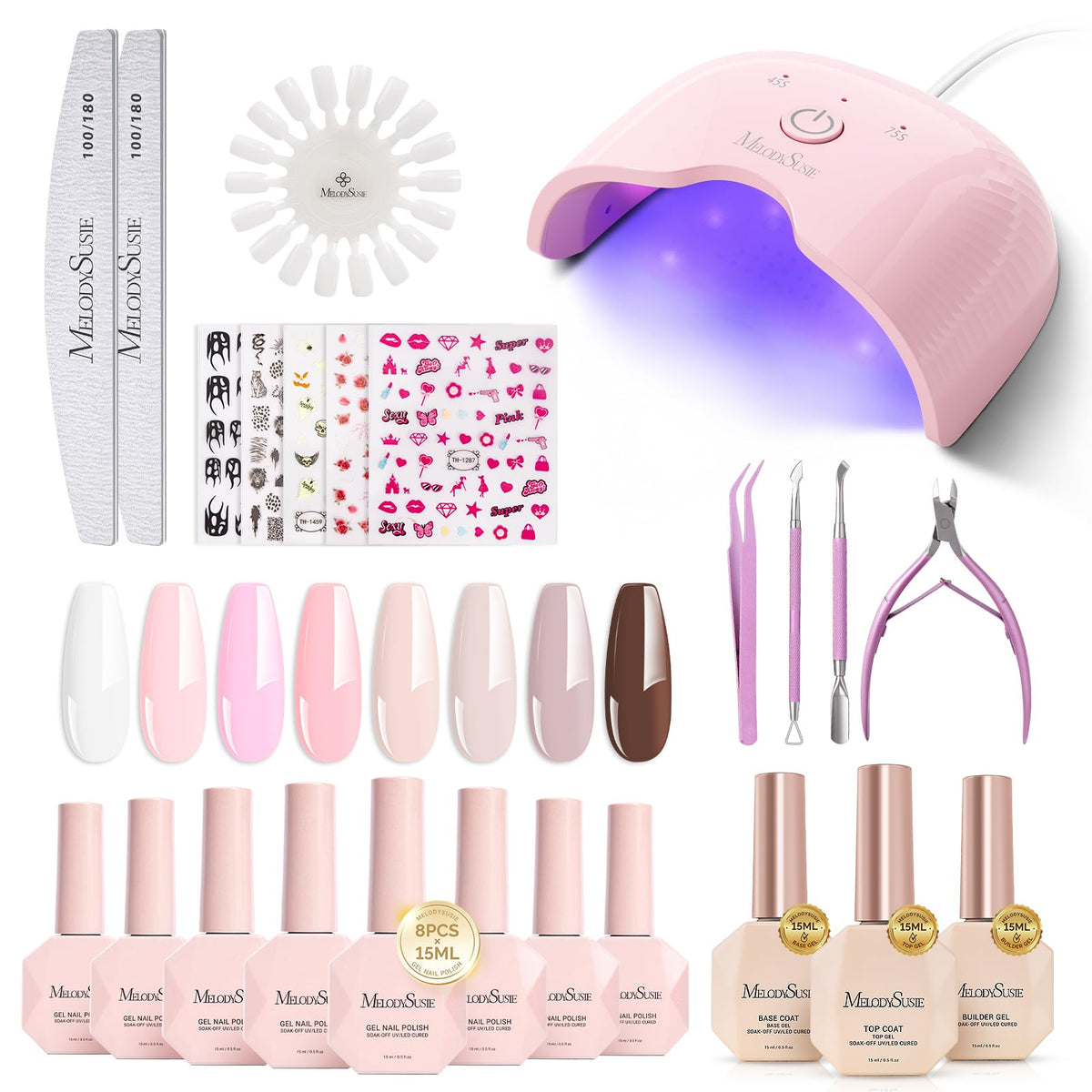 MelodySusie Gel Nail Polish Kit with UV Lamp, Builder Gel, Base and Top Coat