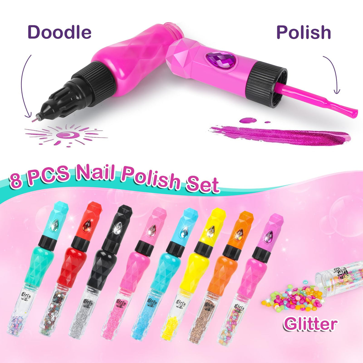 Kids 8-Count Nail Art Pen and Nail Polish Set with Stickers & Gems
