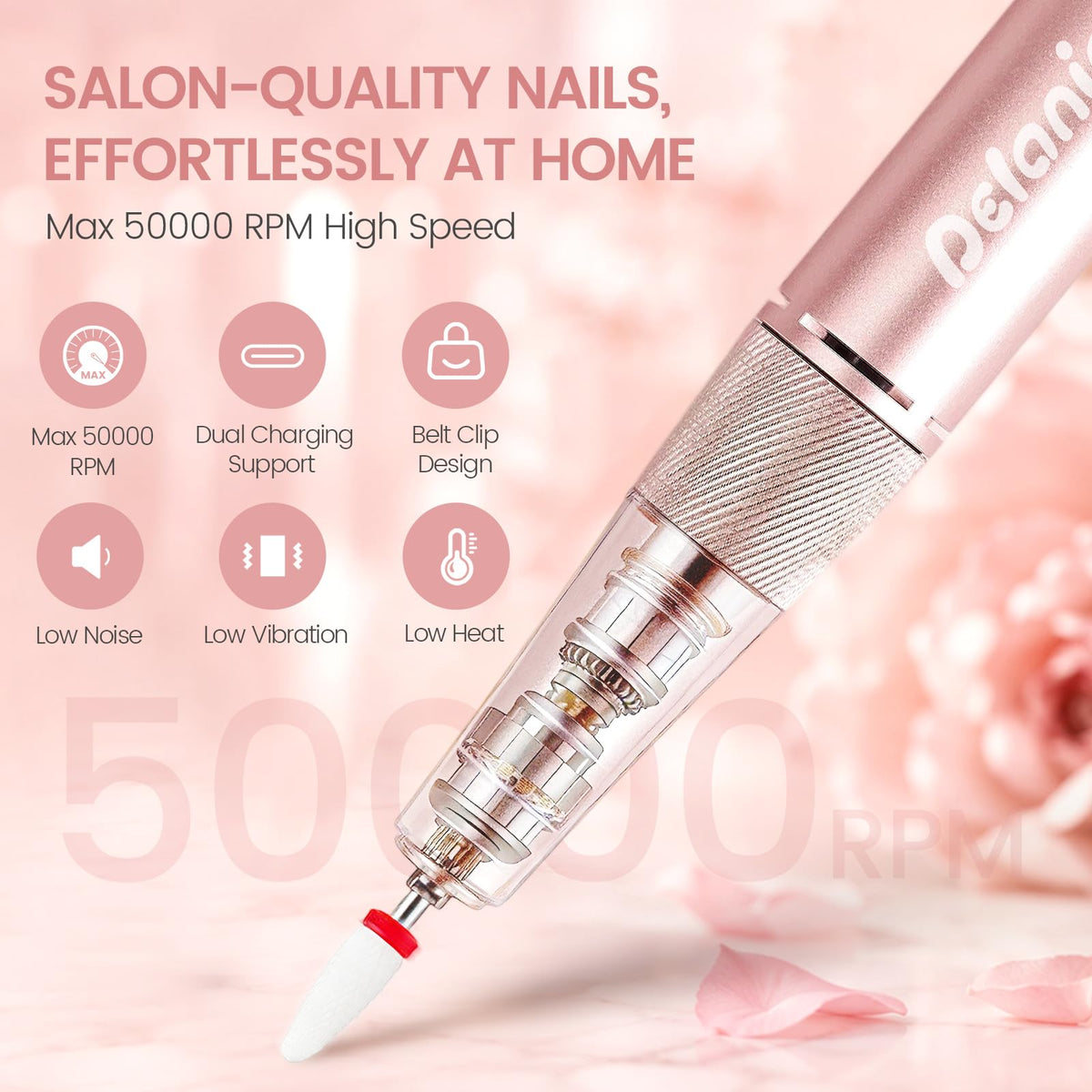 Delanie Professional Electric Nail Drill, 50,000 RPM Rechargeable E-File Kit