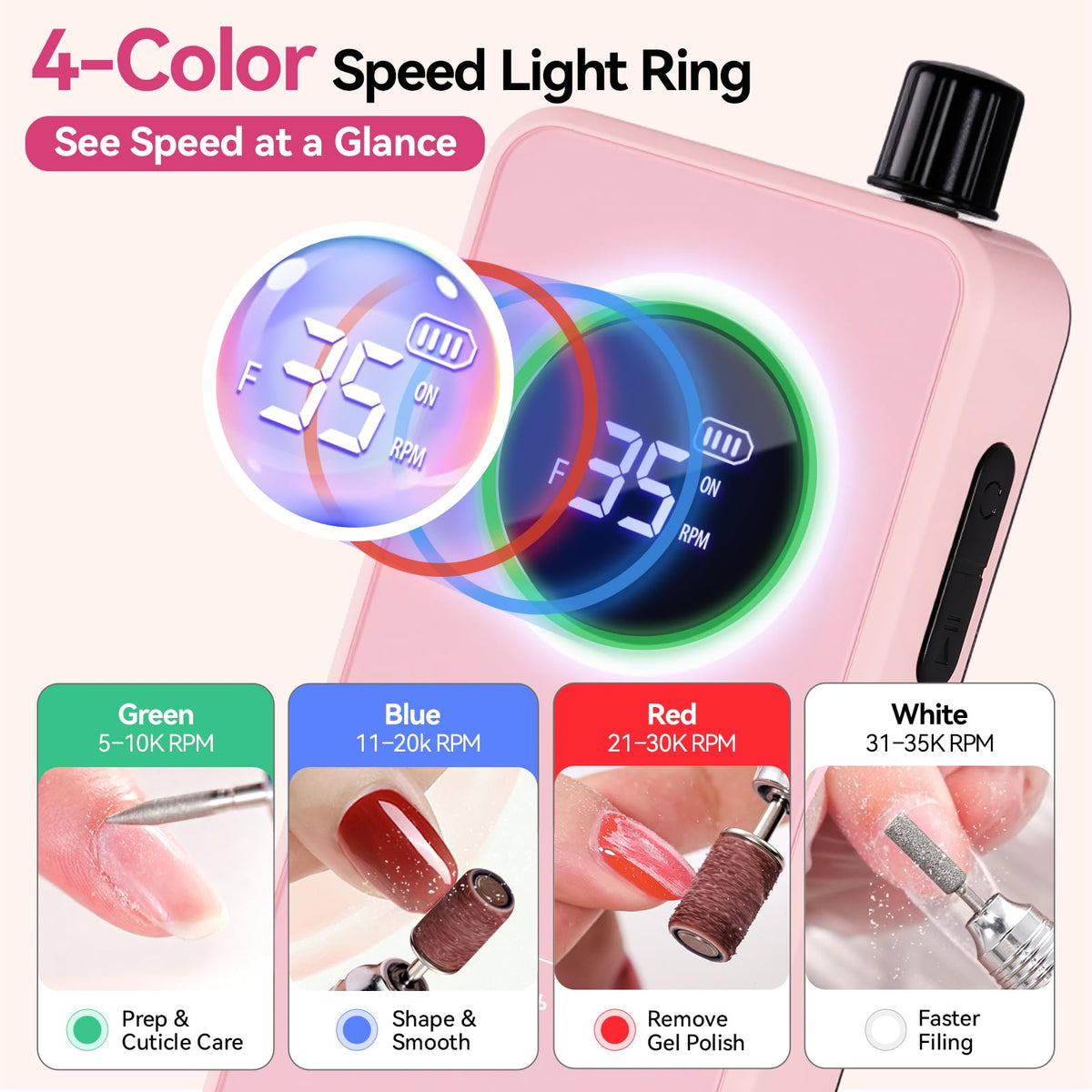 Makartt Pink Cordless Nail Drill, 35000RPM Electric Nail E-File