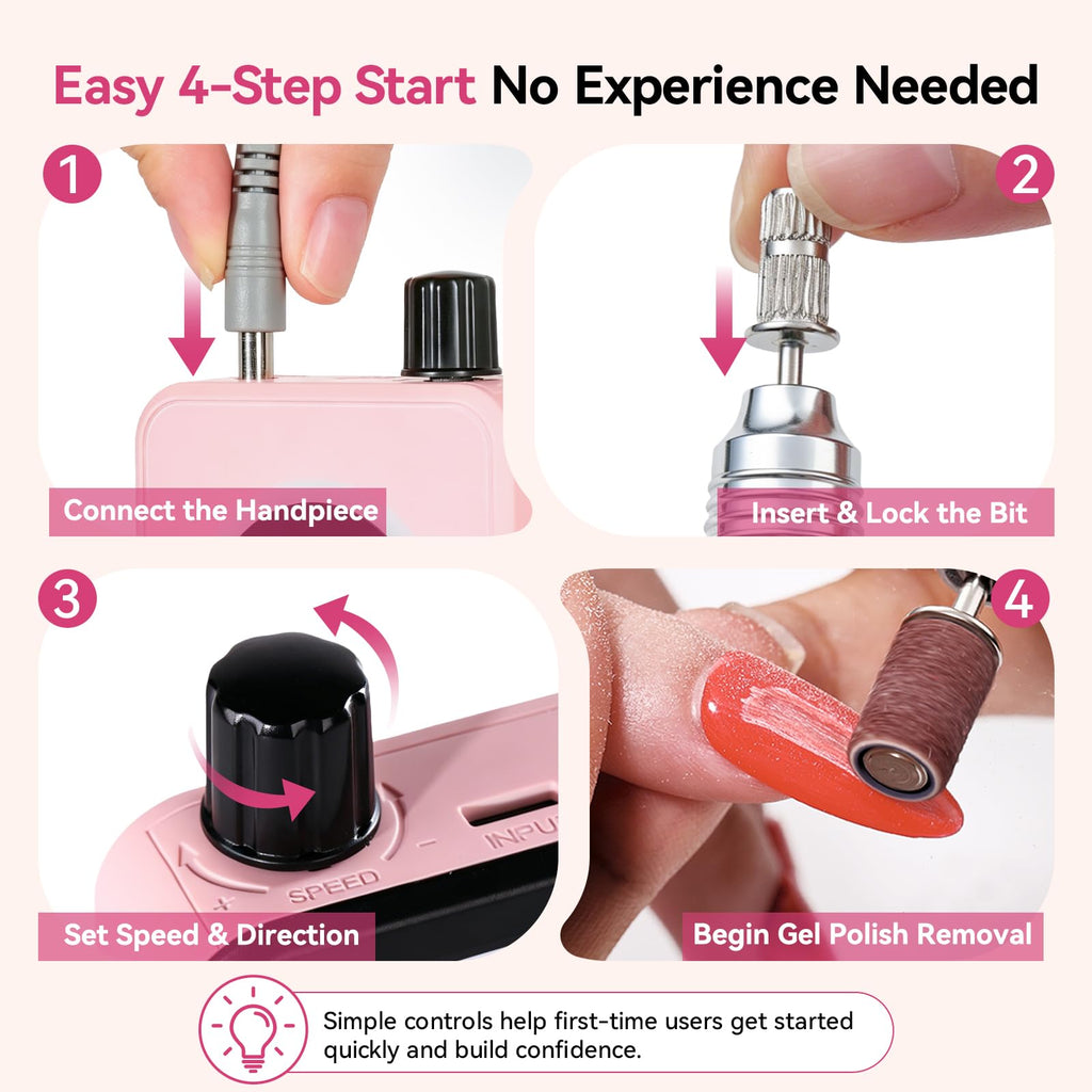 Makartt Pink Cordless Nail Drill, 35000RPM Electric Nail E-File