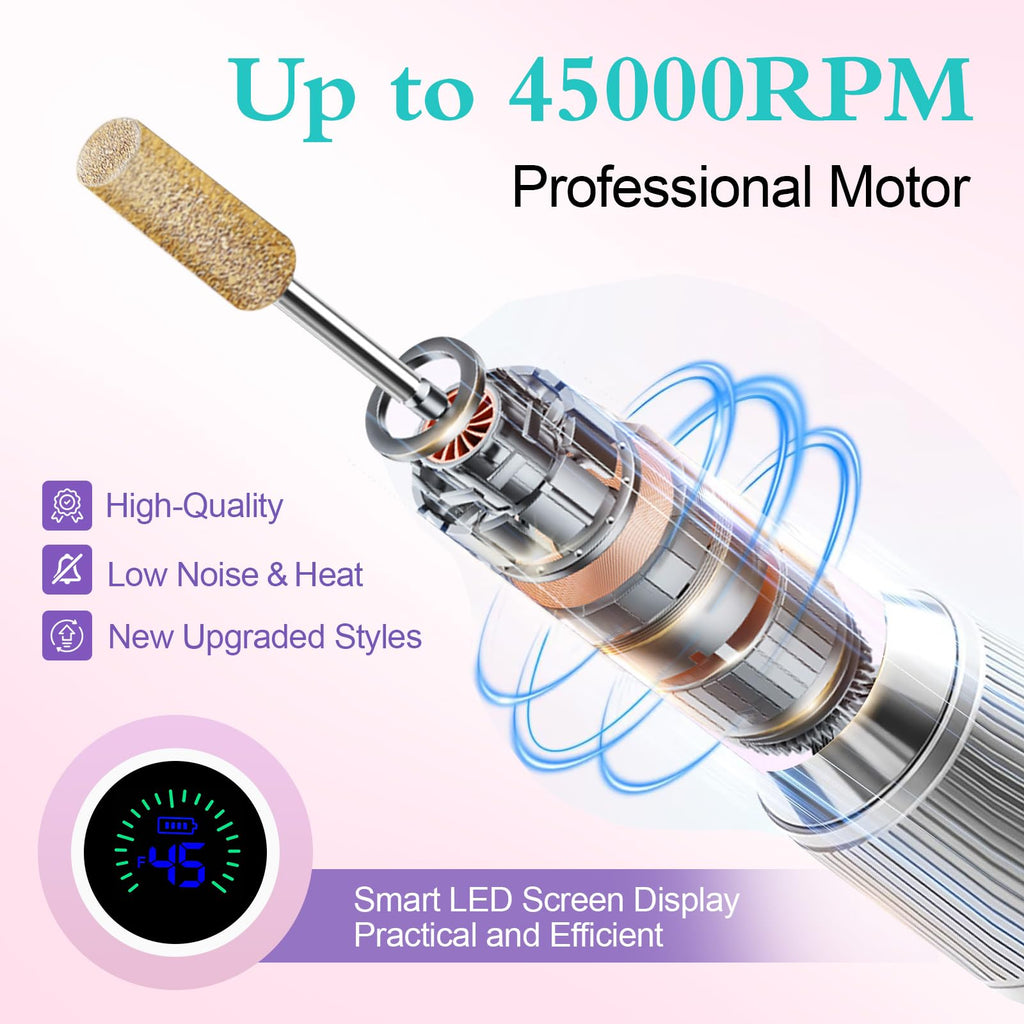 LUELLE Electric Nail Drill File 45000 RPM Rechargeable Cordless Kit