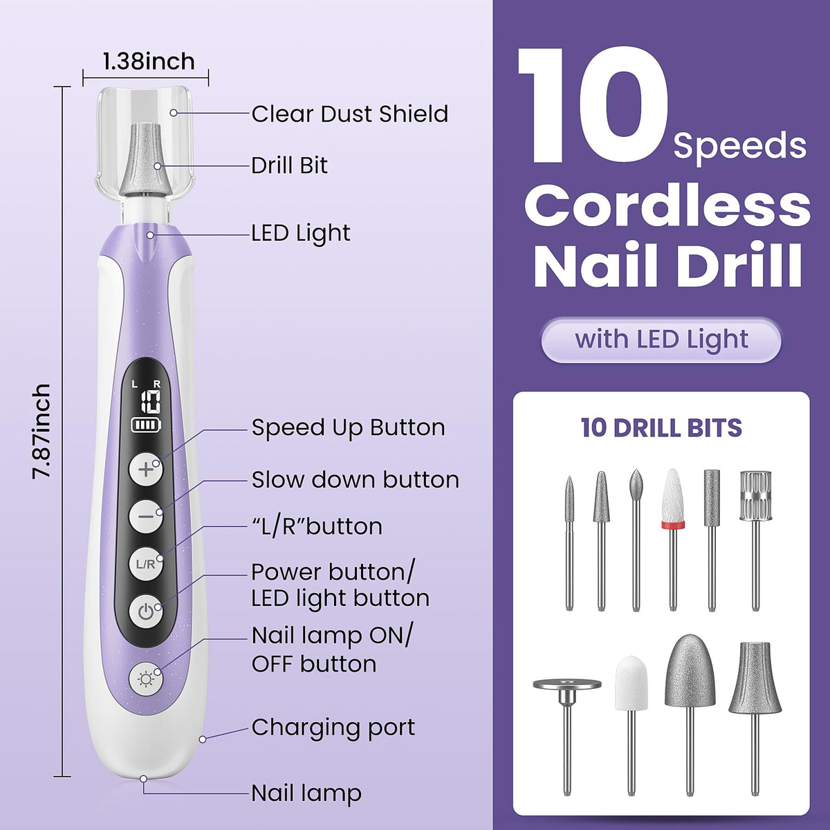 Electric Nail Drill and Cordless Nail File 10-in-1 Manicure Pedicure Kit