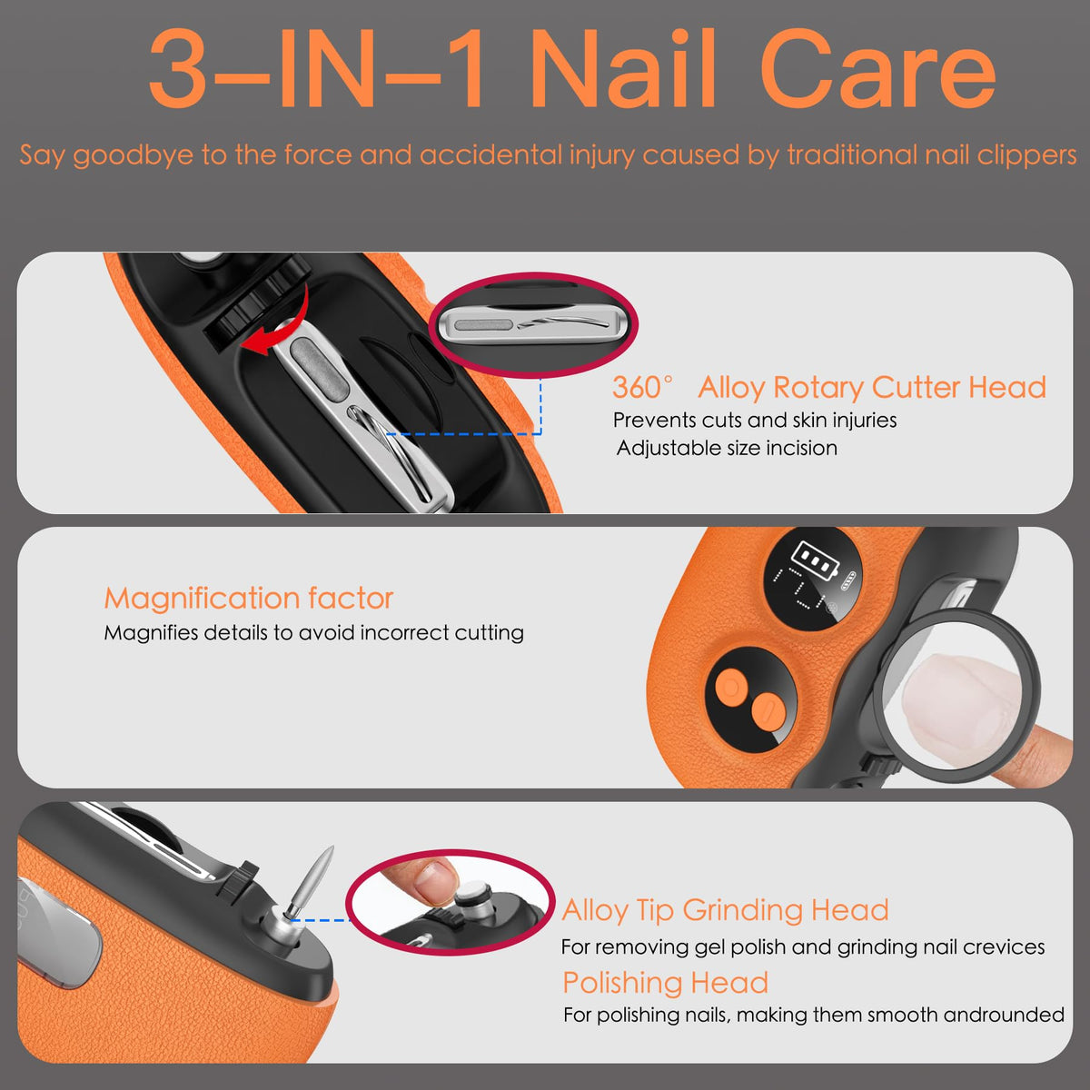 3-in-1 Electric Nail Clipper with Interchangeable Heads and Magnifier
