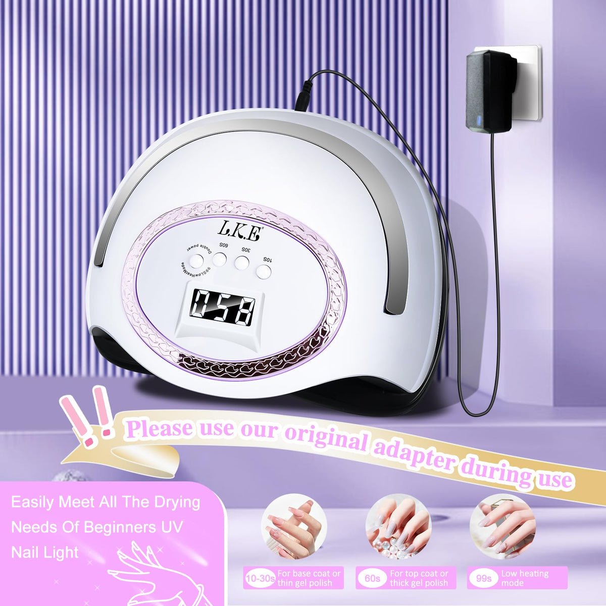 LKE UV LED Nail Lamp with Smart Sensor, Heat Control & Detachable Base