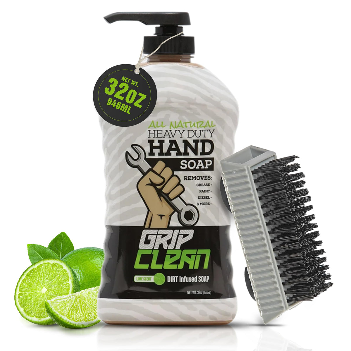 Grip Clean Heavy-Duty Mechanic Hand Cleaner with Nail Brush, Lime Scent