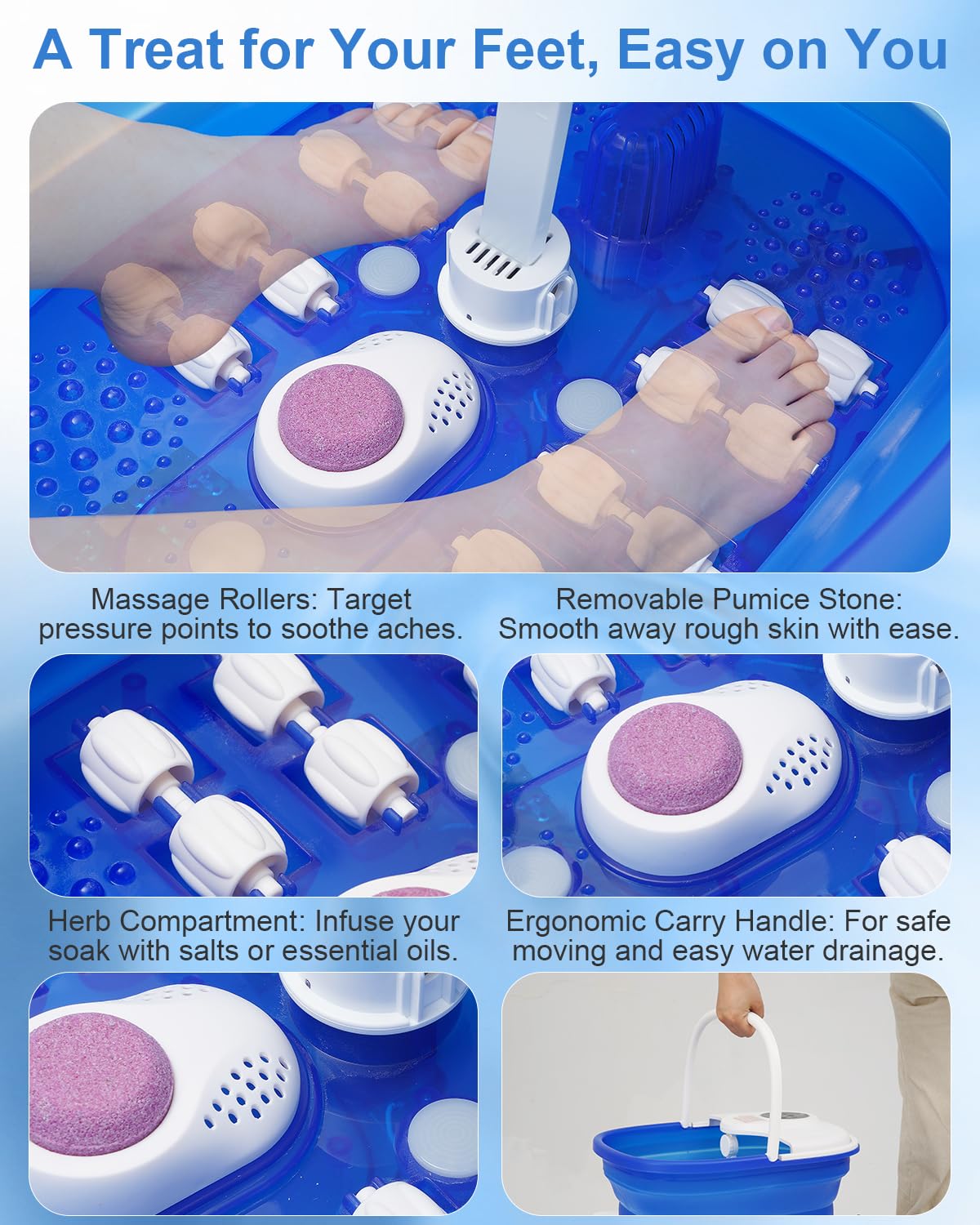 Royal Blue Collapsible Foot Spa Bath with Heat, Remote, Rollers & Red Light