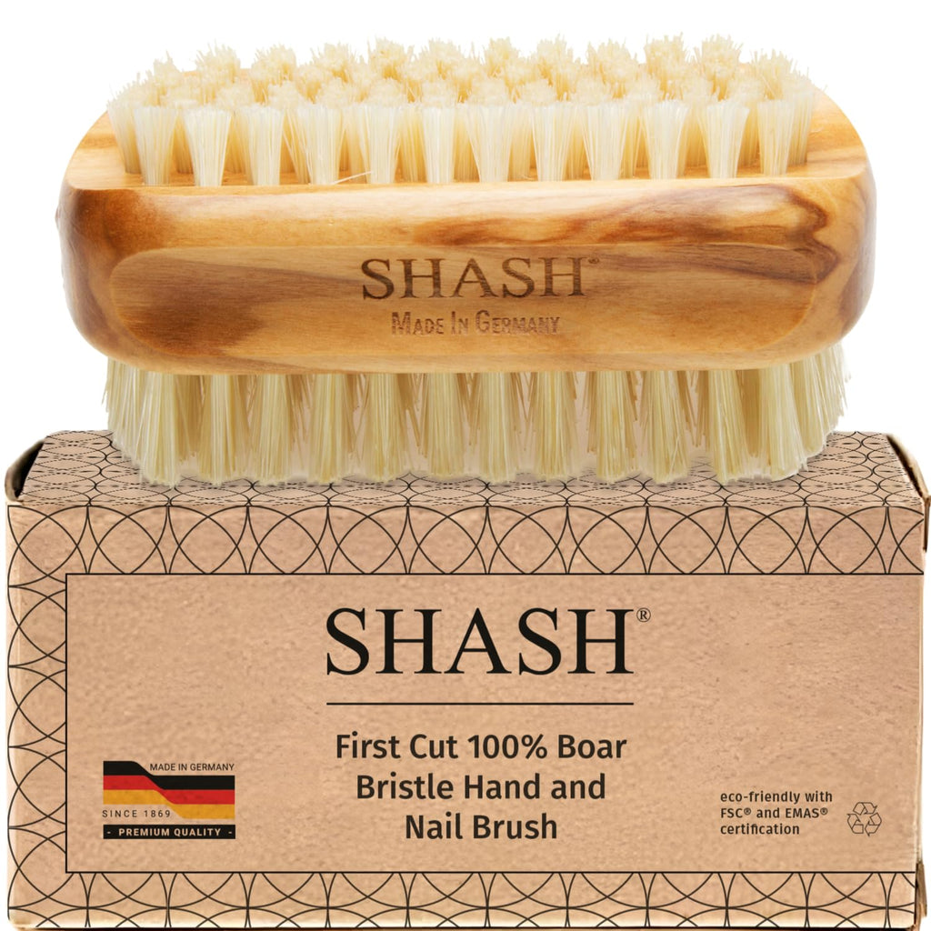 SHASH Made in Germany First-Cut Boar Bristle Nail Brush with Olive Wood Handle
