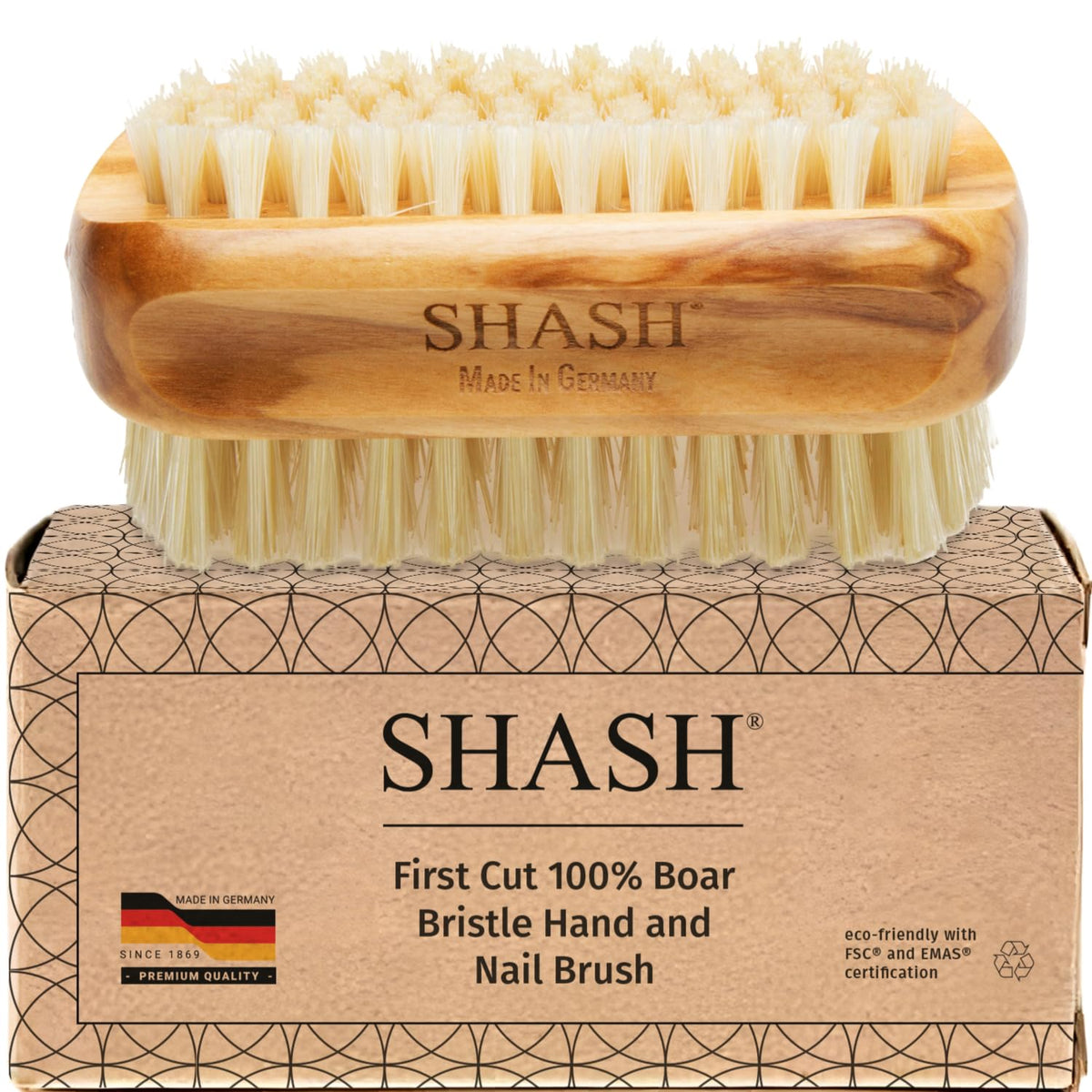 SHASH Made in Germany First-Cut Boar Bristle Nail Brush with Olive Wood Handle