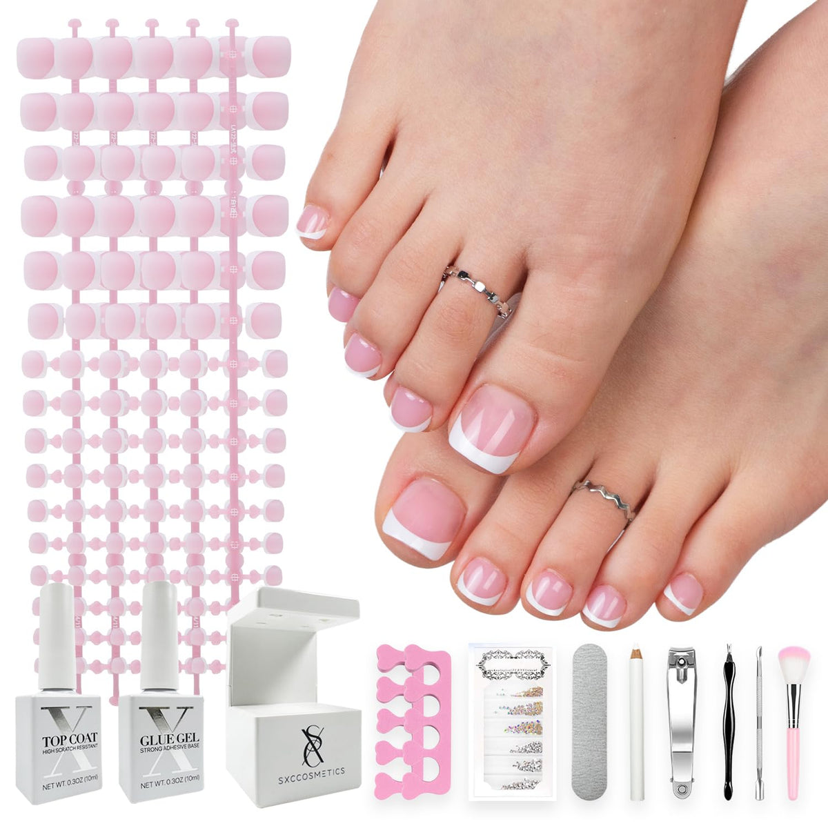 SXC Cosmetics X-Pro Tips French Tip Press-On Toenails, Short