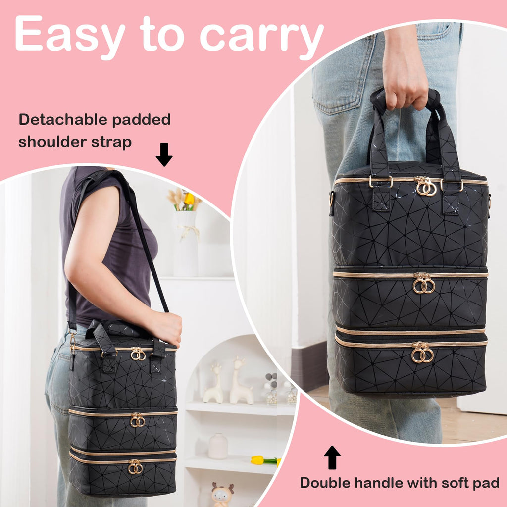 Uross Black Nail Polish Organizer Bag with Three-Layer Storage