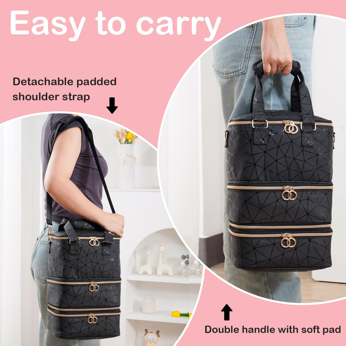 Uross Black Nail Polish Organizer Bag with Three-Layer Storage