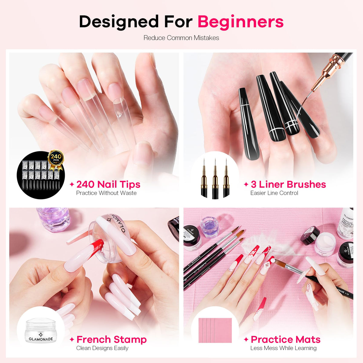 Glamonade Acrylic Nail Kit for Beginners, DIY Nail Art Starter Set