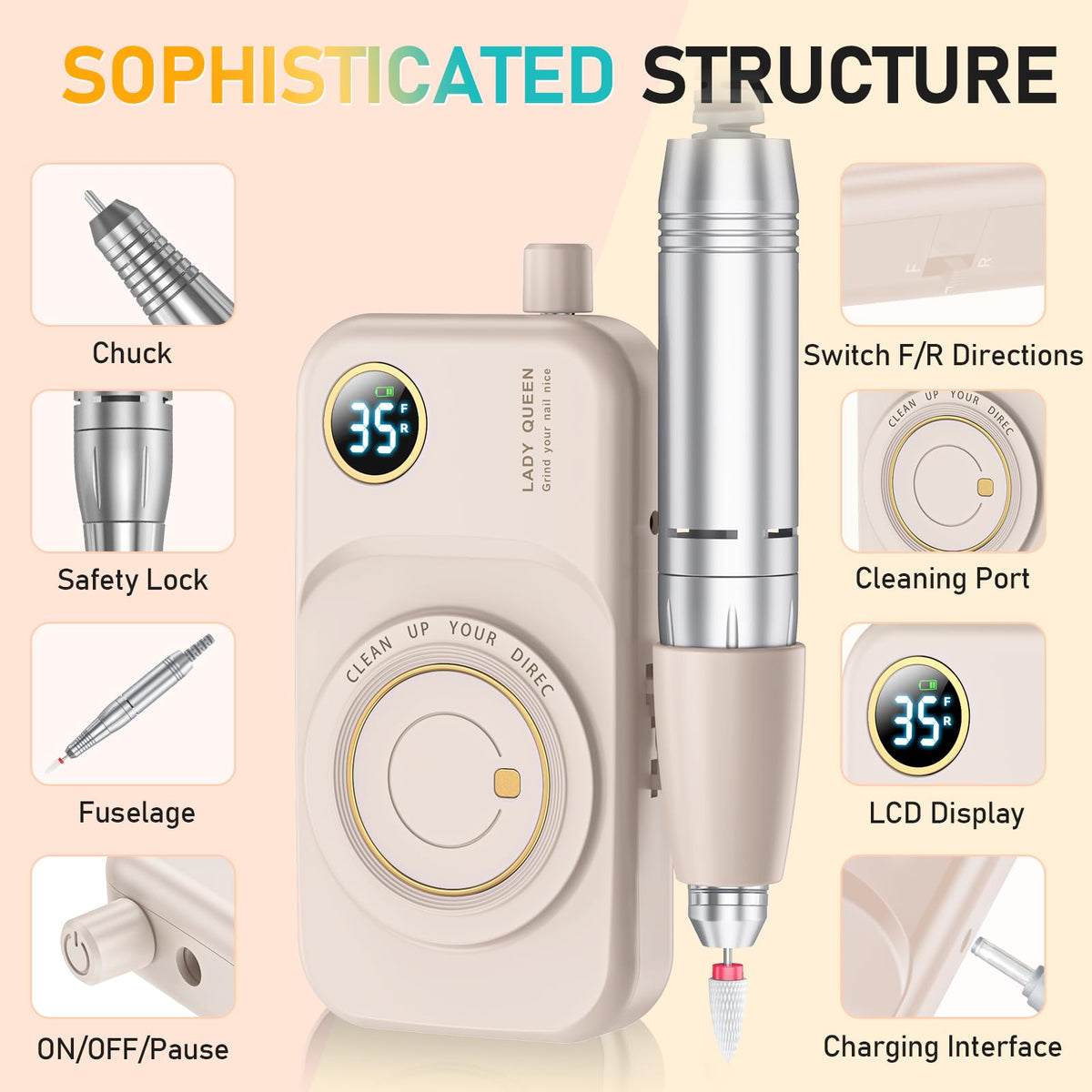 Professional Rechargeable Nail Drill Machine, 35000 RPM E-File Kit