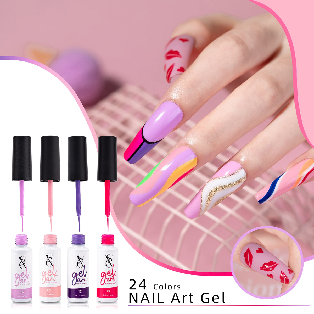 SXC Cosmetics Gel Liner Nail Polish Set with Built-In Fine Brush