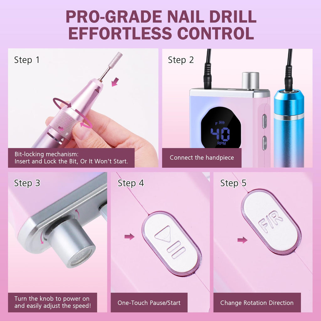 Professional Cordless Nail Drill Kit, 40000 RPM Electric Nail File