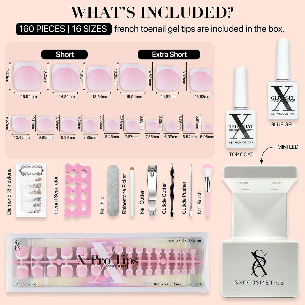 SXC Cosmetics X-Pro Tips French Tip Press-On Toenails, Short