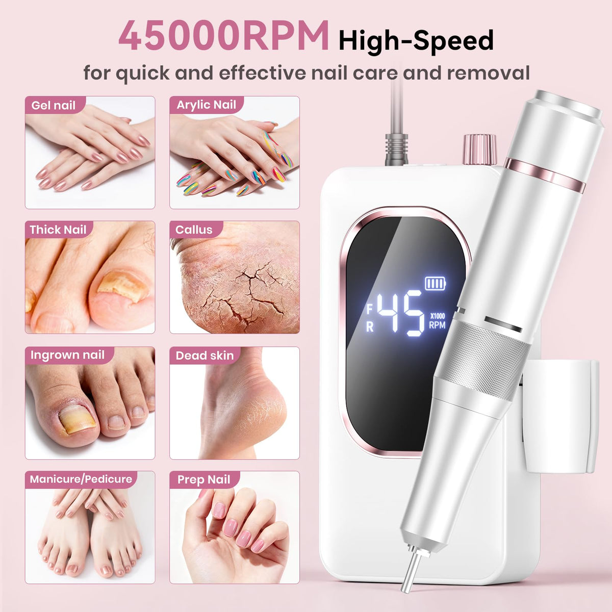 Hoxida Professional Electric Nail Drill 45000RPM Rechargeable Nail File Kit