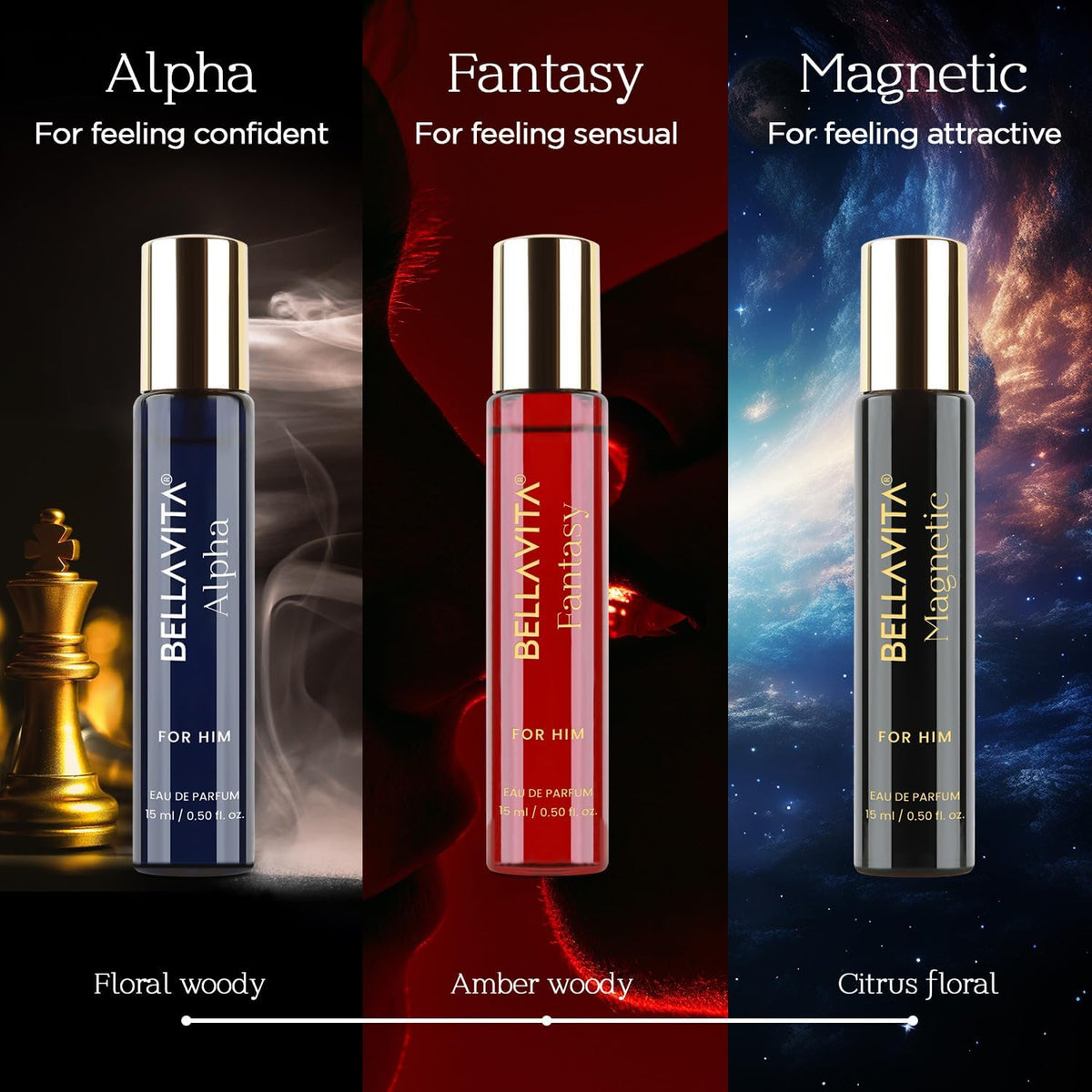 BellaVita Luxury Pheromone-Inspired Men's Cologne Gift Set, 3 x 15ml