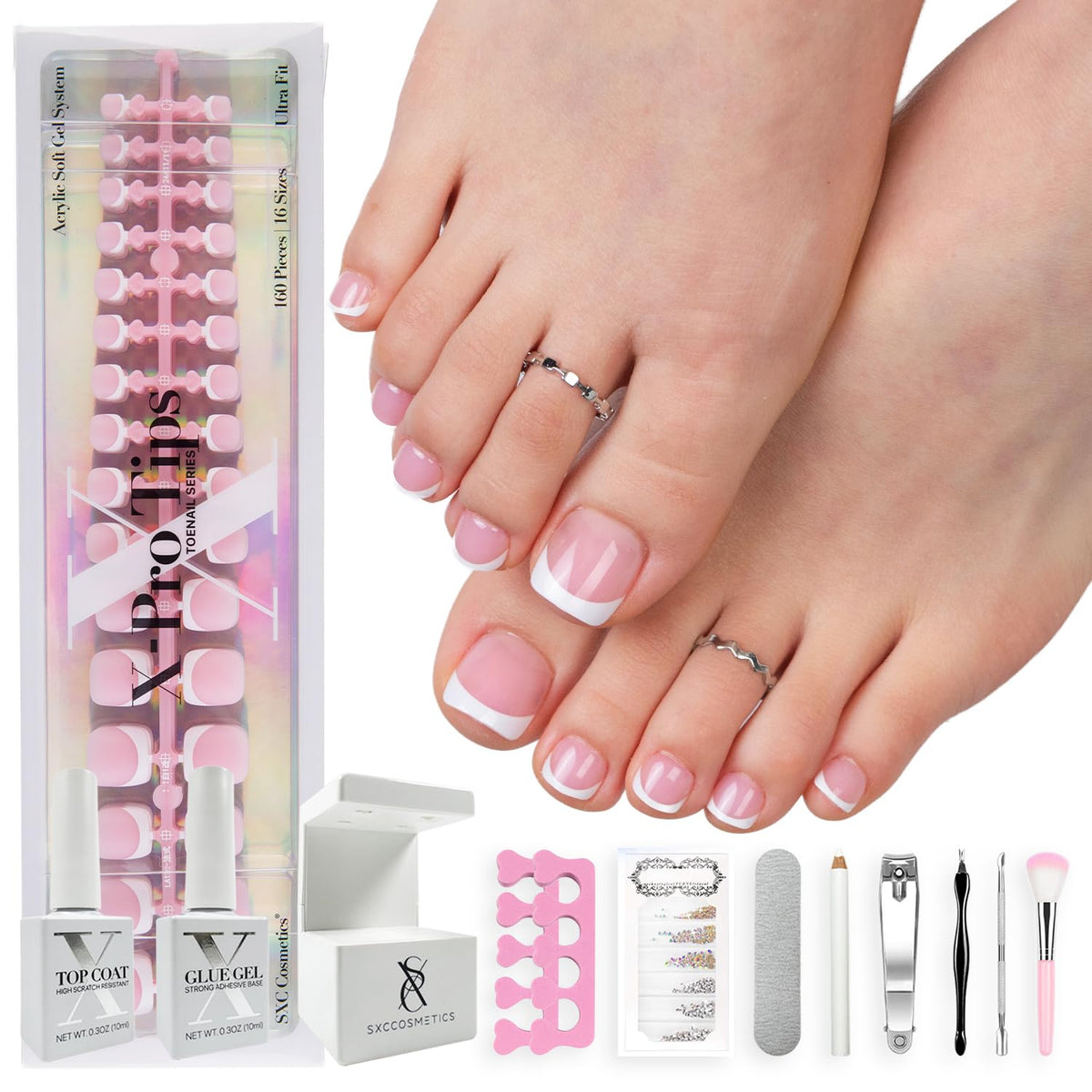 SXC Cosmetics X-Pro Tips French Tip Press-On Toenails, Short