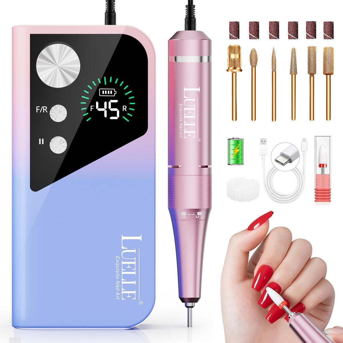 LUELLE Electric Nail Drill File 45000 RPM Rechargeable Cordless Kit