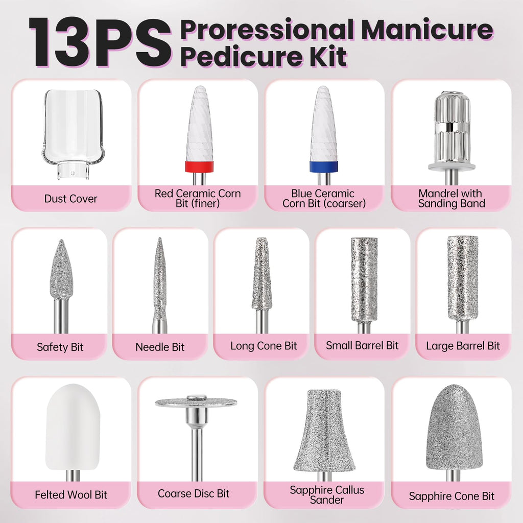 Electric Nail Drill, Cordless Rechargeable Nail File Kit for Manicure & Pedicure
