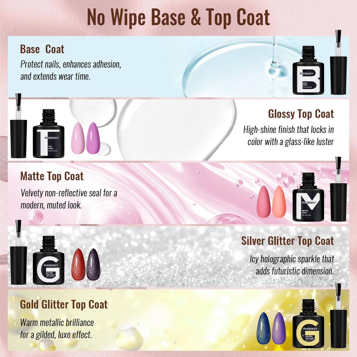 PHOENIXY Gel Nail Polish Kit with UV LED Lamp, 45 Colors and Top Coats