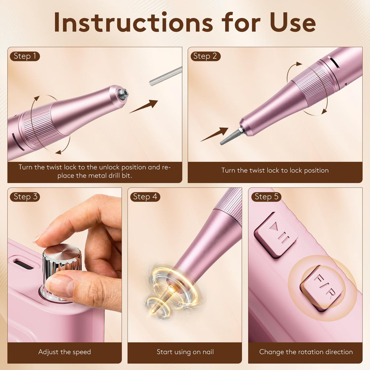 Pruk Professional Electric Nail Drill Kit, Cordless 40000RPM E-File
