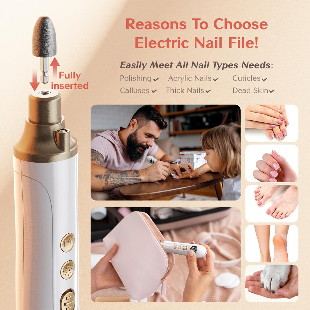 Cordless Electric Nail Drill and File for Manicure, Pedicure, Acrylic and Gel Nails