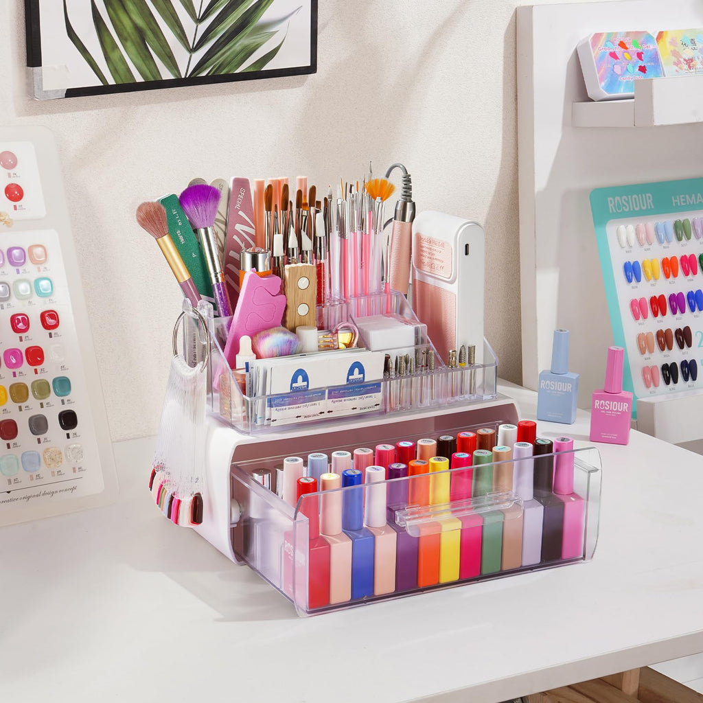 2-Tier Nail Tech Desk Organizer with Drawer for Nail Supplies