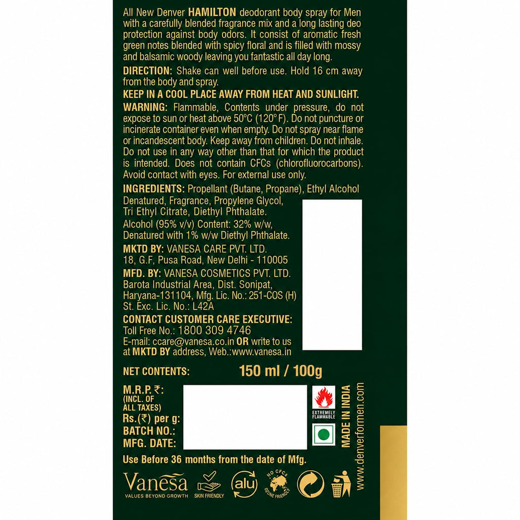 Denver Hamilton Deodorant Body Spray for Men, 5 oz, 3-Pack