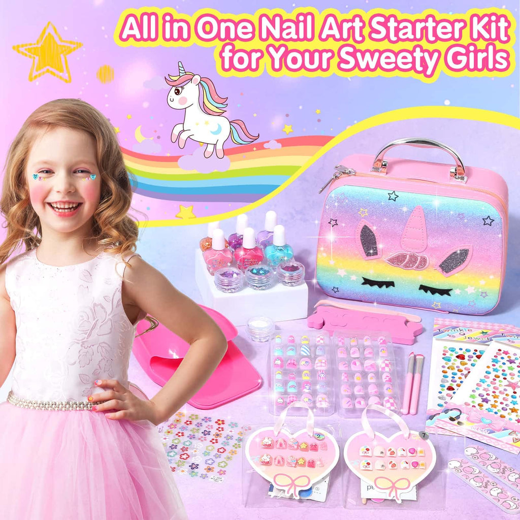 Rainbow Unicorn Kids Nail Polish and Press-On Nails Art Kit