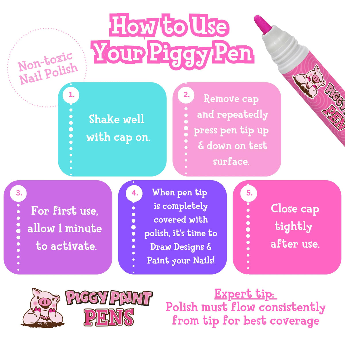 Piggy Paint Nail Polish Pens, 3-Pack Bright Bunch, Non-Toxic Water-Based Kids Nail Art