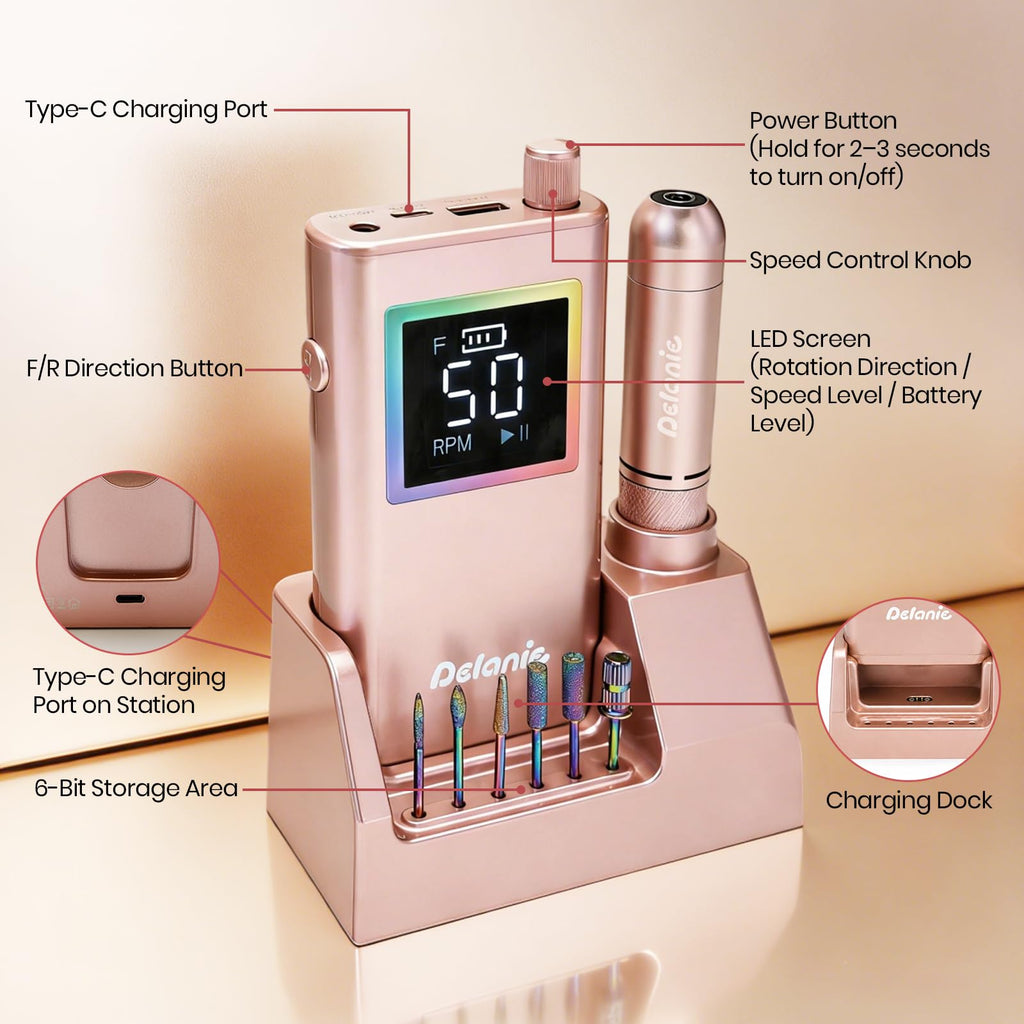 Delanie Professional Electric Nail Drill, 50,000 RPM Rechargeable E-File Kit