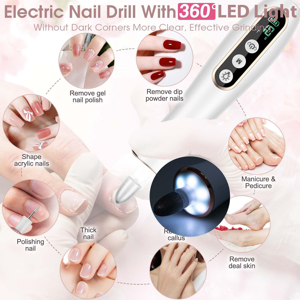 Hoxida Cordless Electric Nail Drill Kit with LED Light