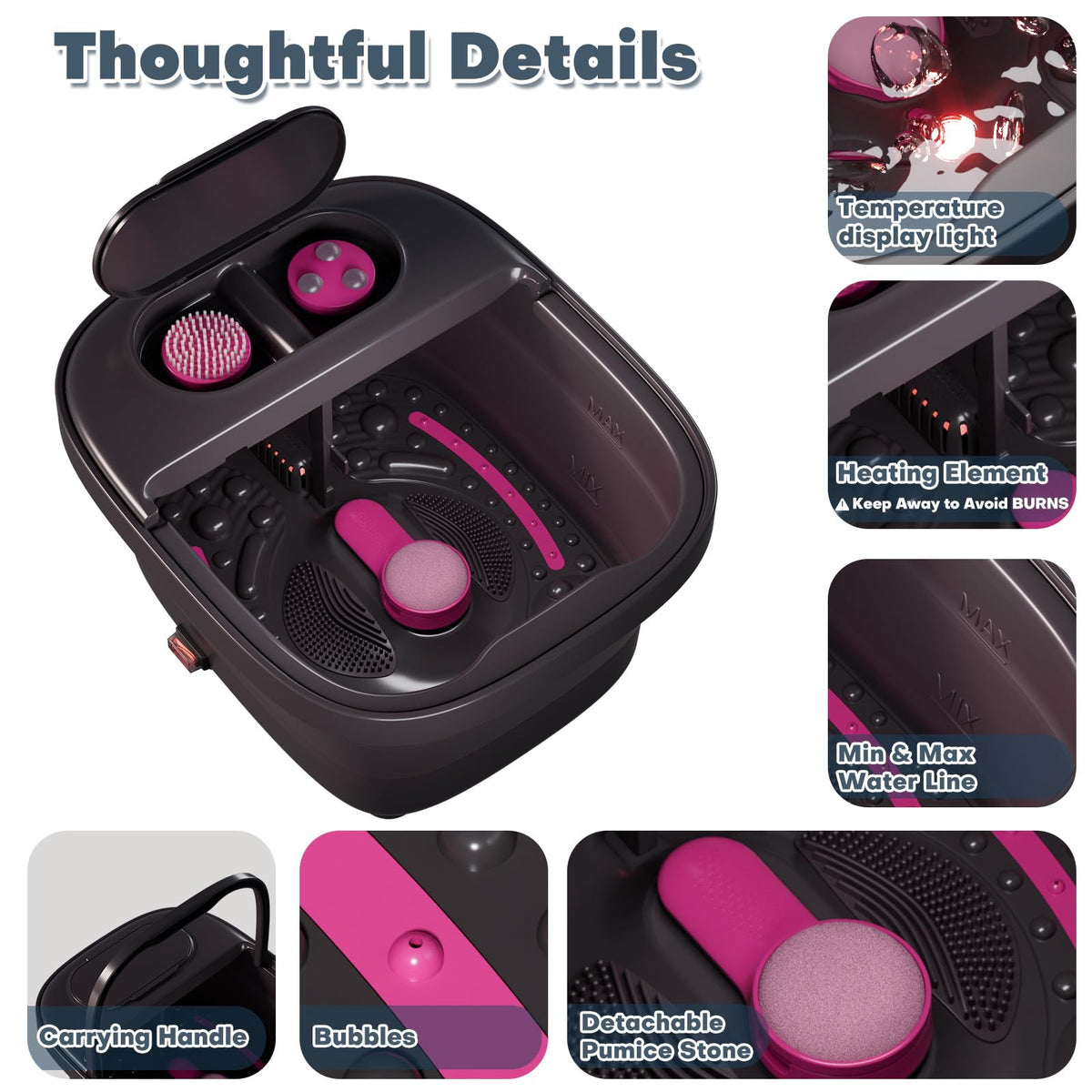 Collapsible Foot Bath Spa with Heat, Bubbles, Remote Control & Pedicure Attachments