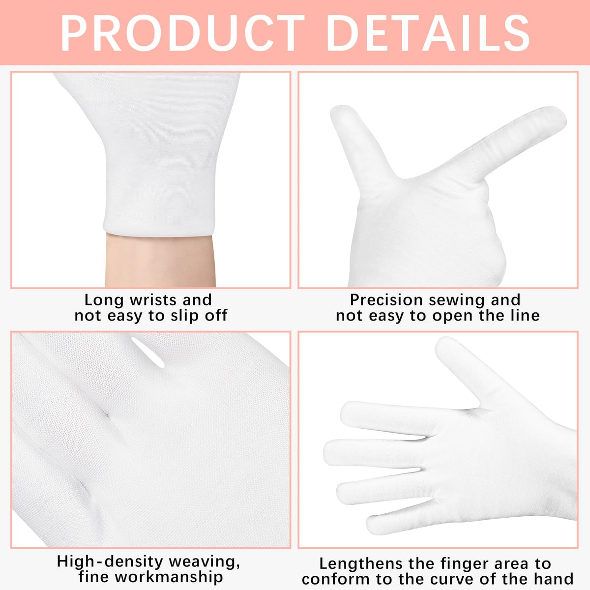 White Cotton Gloves for Dry Hands, Overnight Moisturizing & Inspection, 144 Pieces
