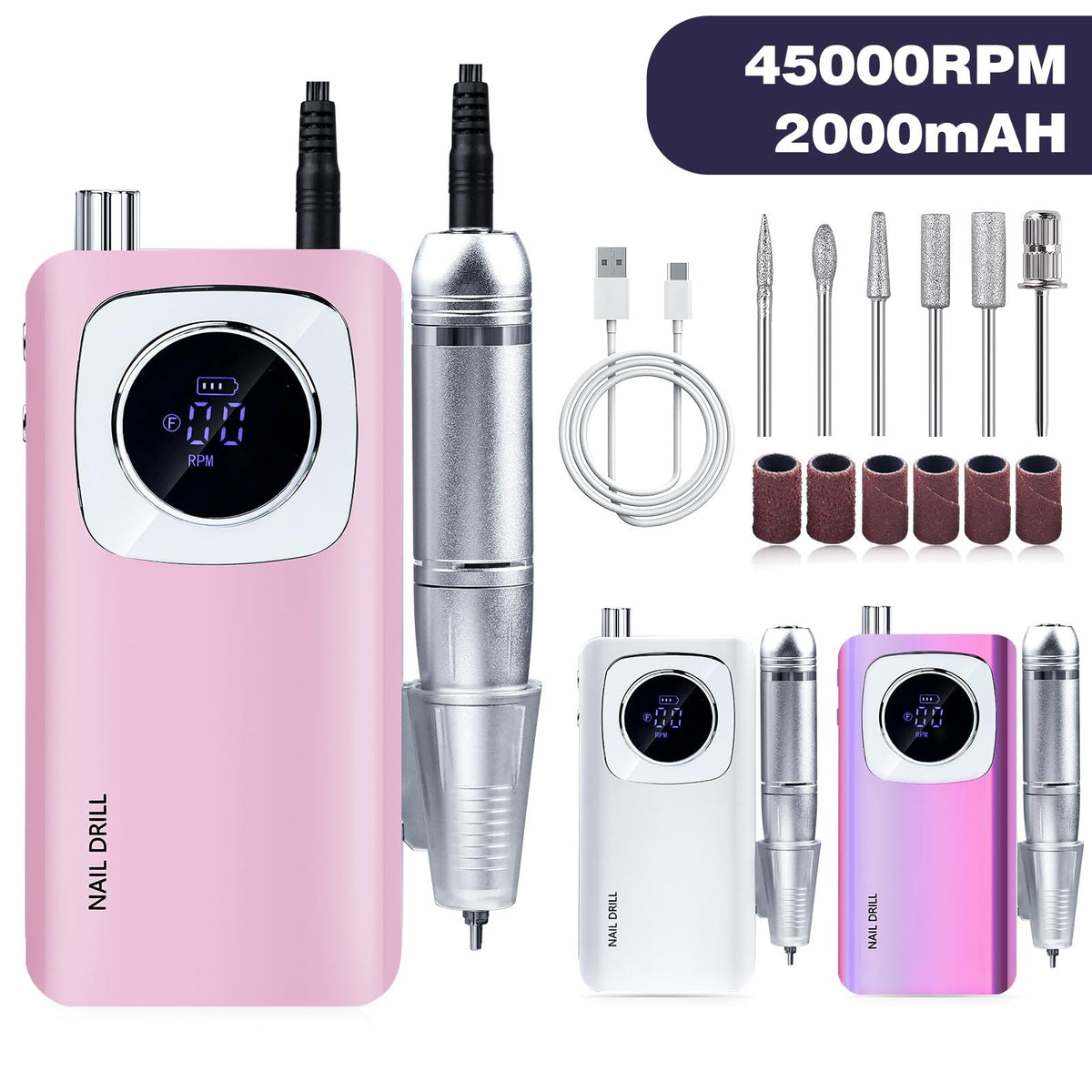 45000RPM Rechargeable Electric Nail Drill Machine Set with LCD Screen