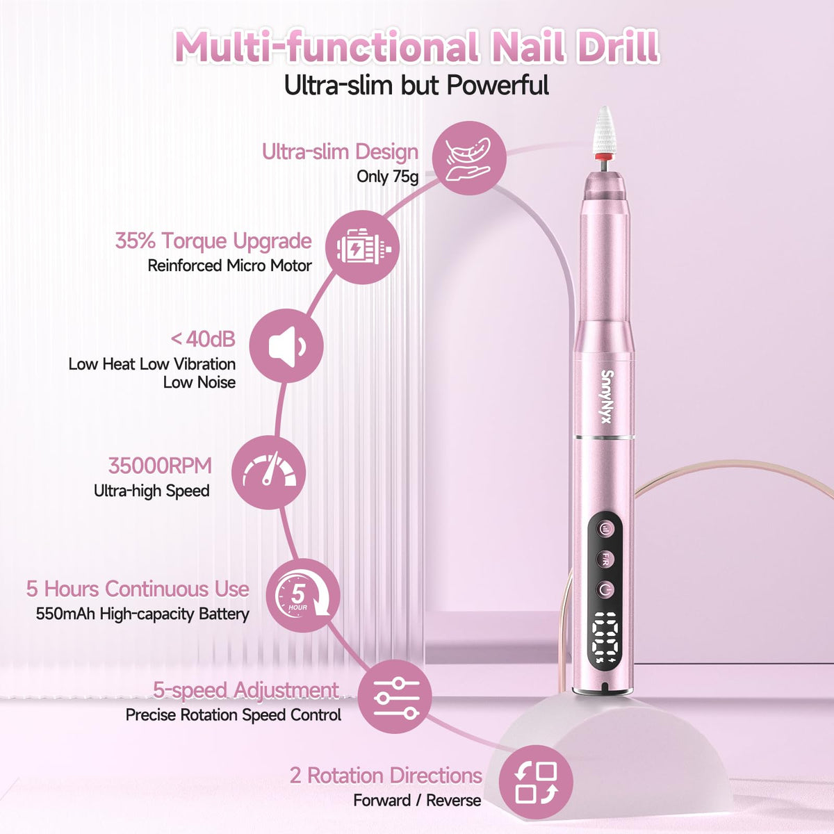 Cordless Electric Nail Drill 35000 RPM with LCD Display