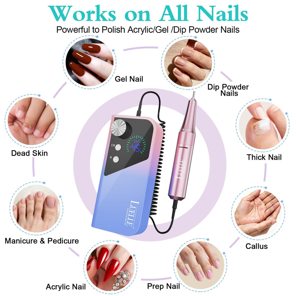 LUELLE Electric Nail Drill File 45000 RPM Rechargeable Cordless Kit