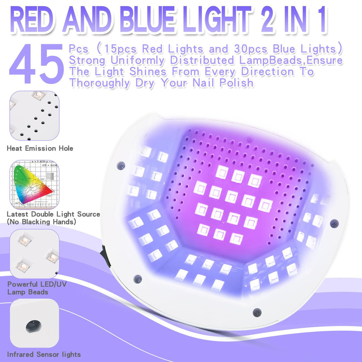 UV LED Nail Lamp, Rechargeable Cordless Gel Polish Dryer with 45 LEDs