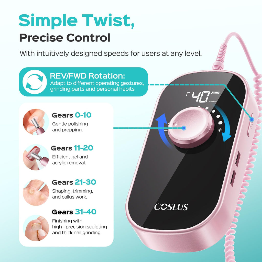 COSLUS E51 Electric Nail Drill Kit, Rechargeable 40000RPM E-File