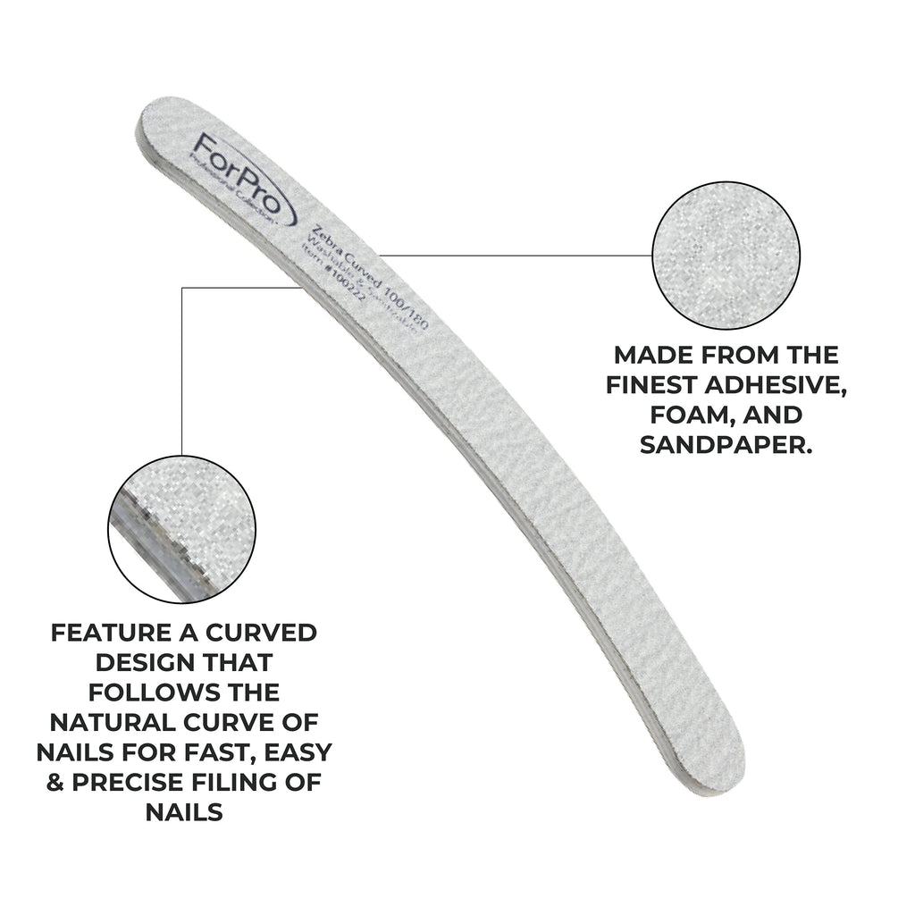ForPro Zebra Curved Foam Nail Files, Double-Sided 100/180 Grit