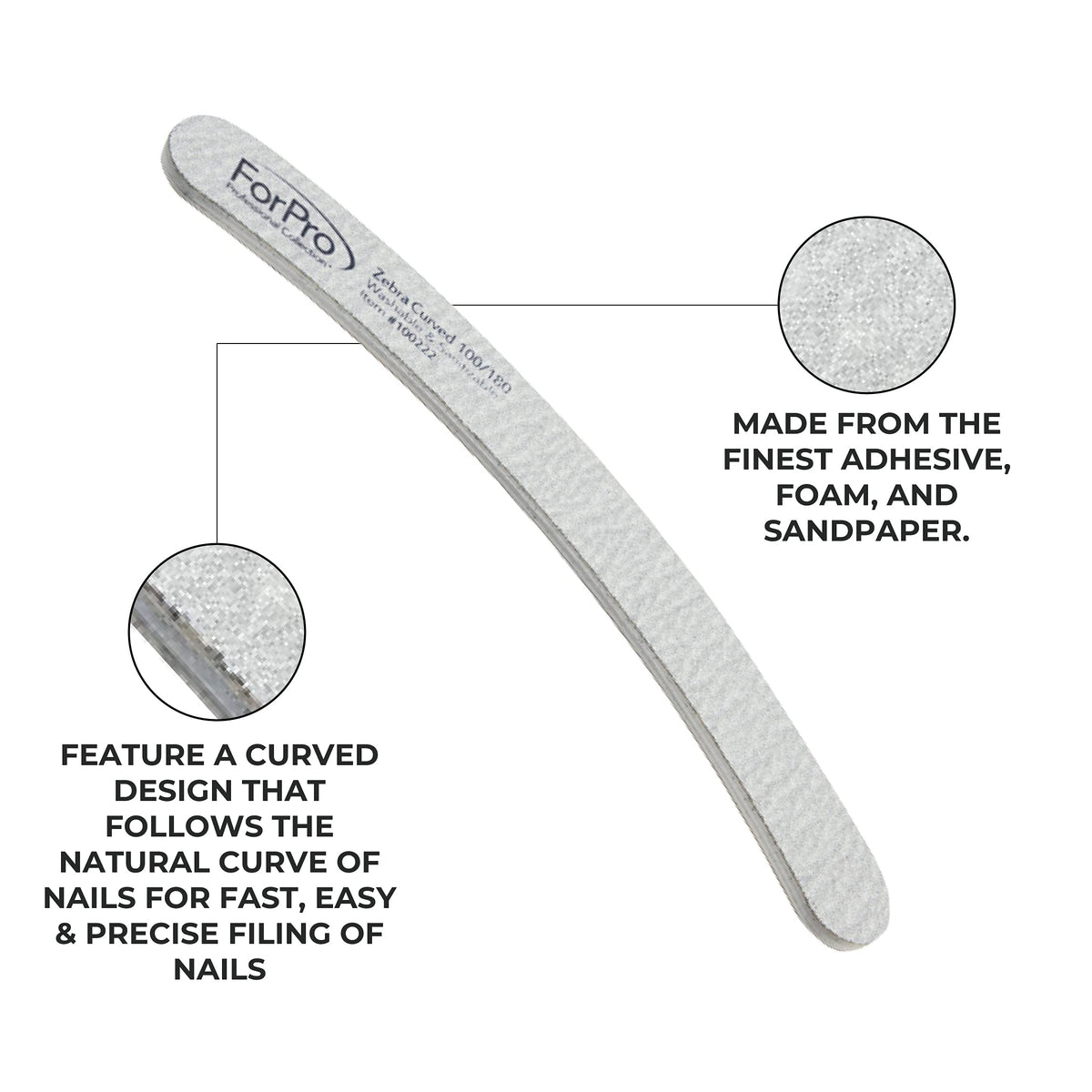 ForPro Zebra Curved Foam Nail Files, Double-Sided 100/180 Grit