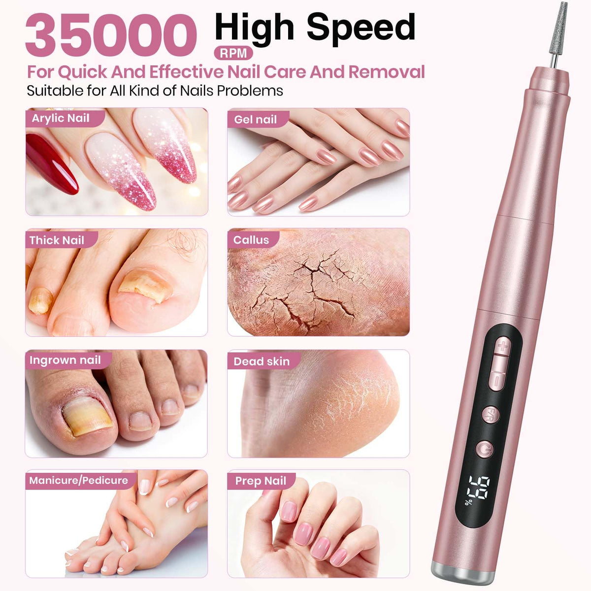 Hoxida Cordless Electric Nail Drill Kit, 35000RPM Rechargeable Nail File