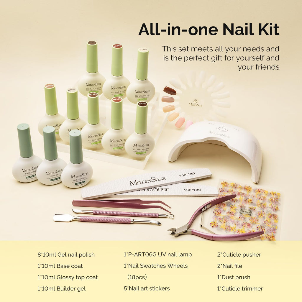 MelodySusie Gel Nail Kit with Cordless UV LED Lamp, Base, Top & Builder Gel